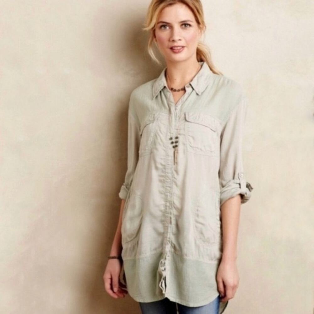 Holding Horses Anthropologie Sage Green Button Down Tunic Top XS Roll Tab Sleeve